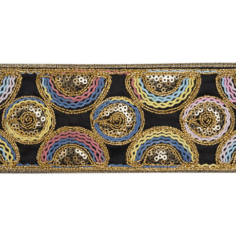 Yaya Han Metallic Embroidered and Sequined Woven Ribbon Trim - Lagos Black, Gold and Rainbow Circles, 2.63" - Cosplay Collection