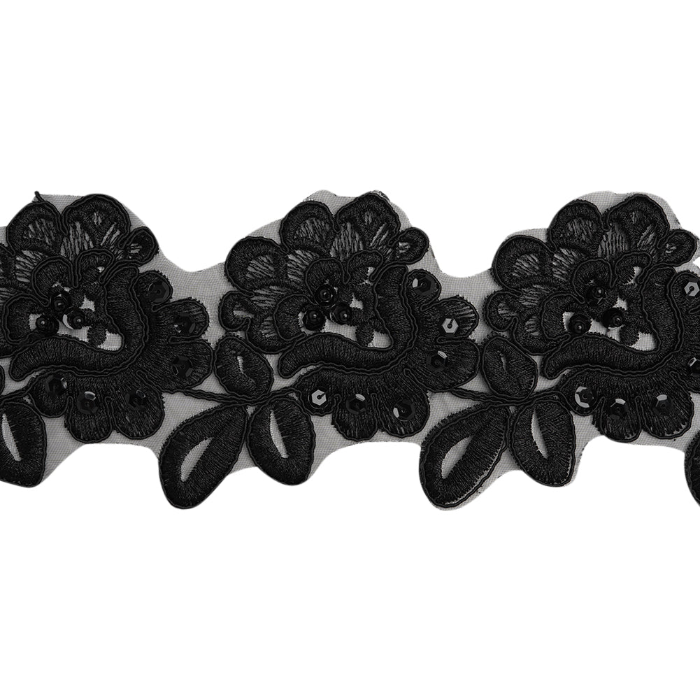 Yaya Han Corded Embroidered Lace Trim with Sequins and Beading - Black Fantasy Flowers, 3.5" - Cosplay Collection