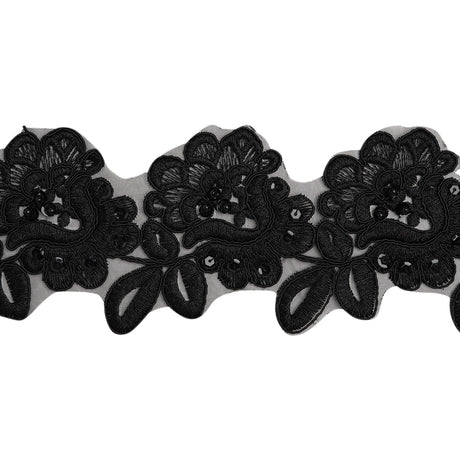 Yaya Han Corded Embroidered Lace Trim with Sequins and Beading - Black Fantasy Flowers, 3.5" - Cosplay Collection