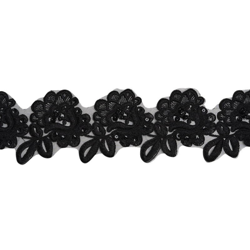 Yaya Han Corded Embroidered Lace Trim with Sequins and Beading - Black Fantasy Flowers, 3.5" - Cosplay Collection