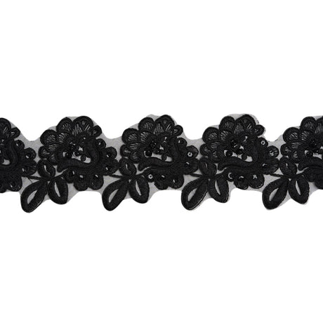 Yaya Han Corded Embroidered Lace Trim with Sequins and Beading - Black Fantasy Flowers, 3.5" - Cosplay Collection