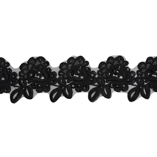 Yaya Han Corded Embroidered Lace Trim with Sequins and Beading - Black Fantasy Flowers, 3.5" - Cosplay Collection