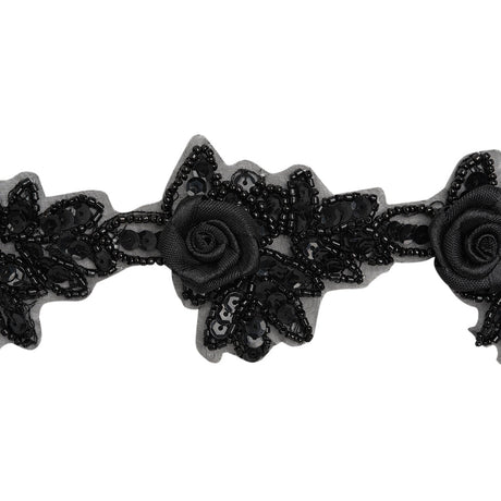 Yaya Han Beaded and Sequins Trim with 3D Roses - Black Floral, 2.5" - Cosplay Collection