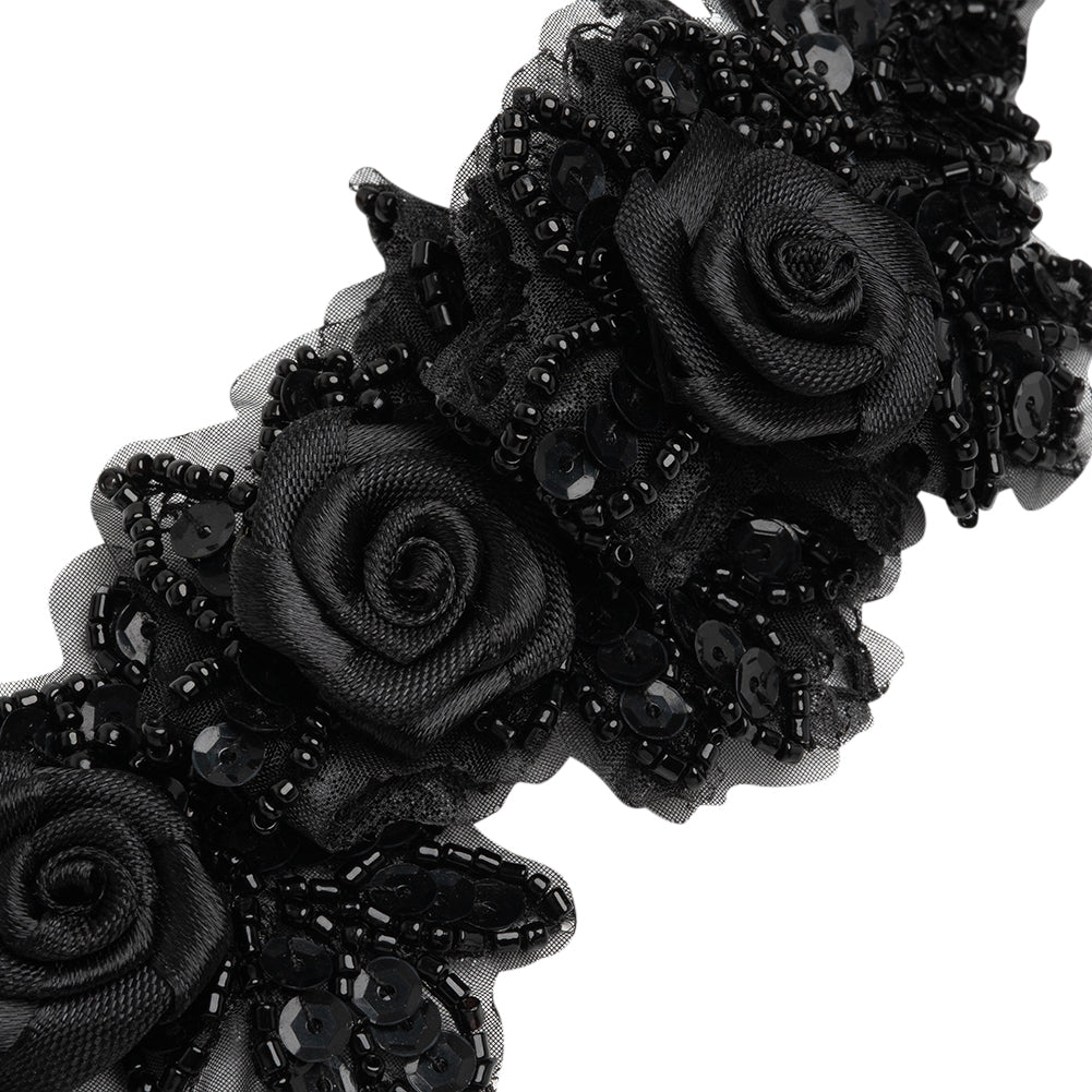 Yaya Han Beaded and Sequins Trim with 3D Roses - Black Floral, 2.5" - Cosplay Collection