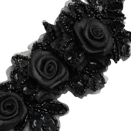 Yaya Han Beaded and Sequins Trim with 3D Roses - Black Floral, 2.5" - Cosplay Collection
