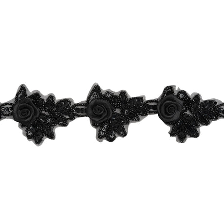 Yaya Han Beaded and Sequins Trim with 3D Roses - Black Floral, 2.5" - Cosplay Collection