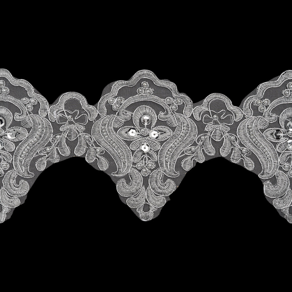 Yaya Han Metallic Corded and Beaded Embroidered Lace Trim - Silver Fae Floral Scallops, 5" - Cosplay Collection