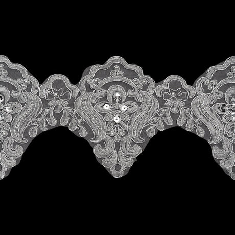 Yaya Han Metallic Corded and Beaded Embroidered Lace Trim - Silver Fae Floral Scallops, 5" - Cosplay Collection