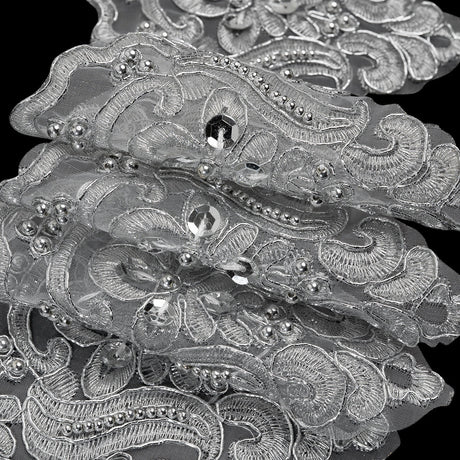Yaya Han Metallic Corded and Beaded Embroidered Lace Trim - Silver Fae Floral Scallops, 5" - Cosplay Collection