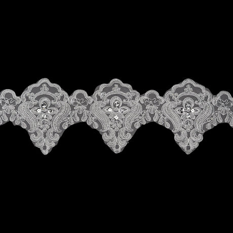Yaya Han Metallic Corded and Beaded Embroidered Lace Trim - Silver Fae Floral Scallops, 5" - Cosplay Collection