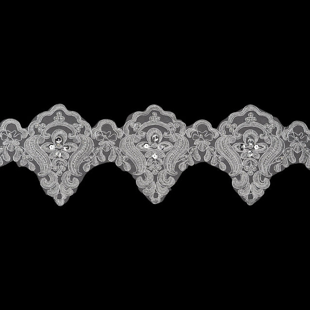 Yaya Han Metallic Corded and Beaded Embroidered Lace Trim - Silver Fae Floral Scallops, 5" - Cosplay Collection