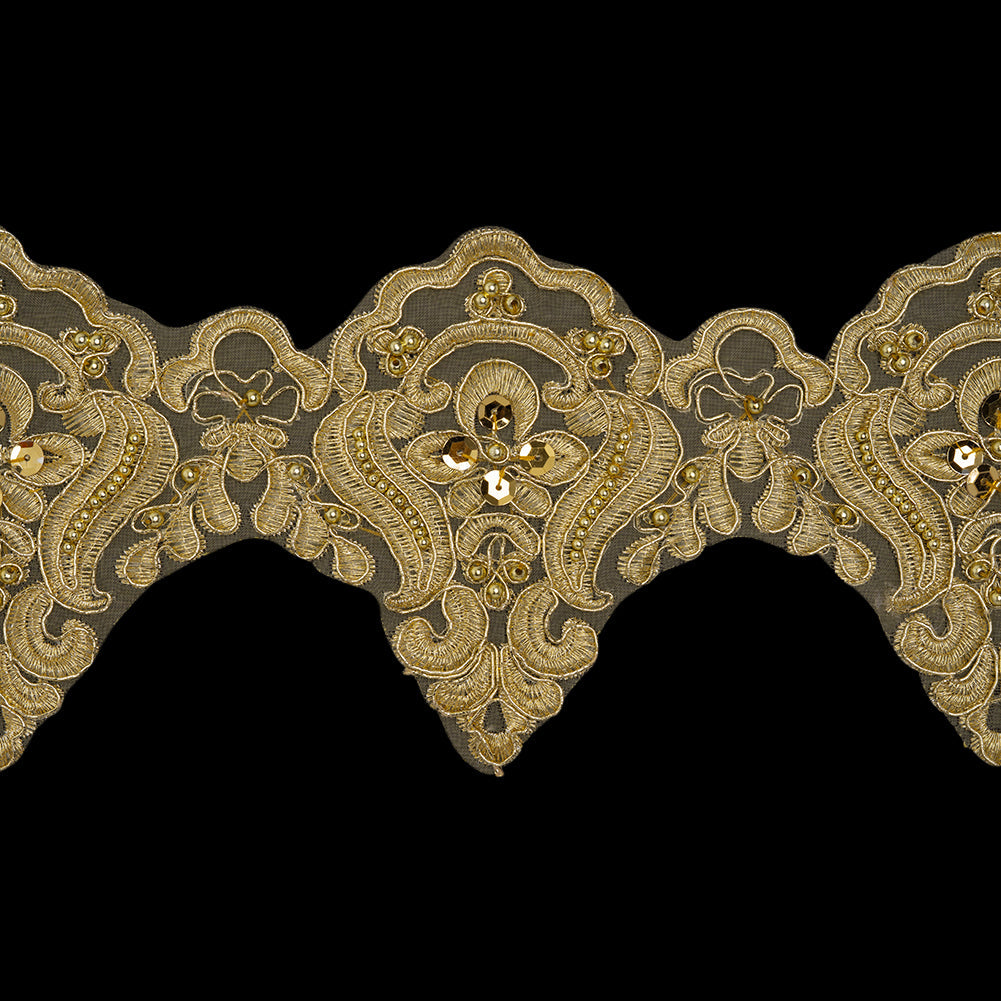 Yaya Han Metallic Corded and Beaded Embroidered Lace Trim - Gold Fae Floral Scallops, 5" - Cosplay Collection