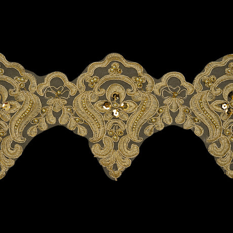 Yaya Han Metallic Corded and Beaded Embroidered Lace Trim - Gold Fae Floral Scallops, 5" - Cosplay Collection