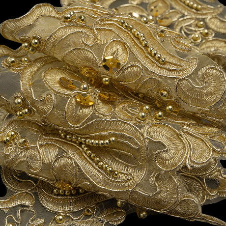 Yaya Han Metallic Corded and Beaded Embroidered Lace Trim - Gold Fae Floral Scallops, 5" - Cosplay Collection