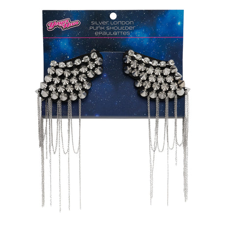 Yaya Han Rhinestones and Spikes Shoulder Epaulettes with Metal Chain Fringe - London Punk Silver and Black, 8.5" x 4.25" - Cosplay Collection