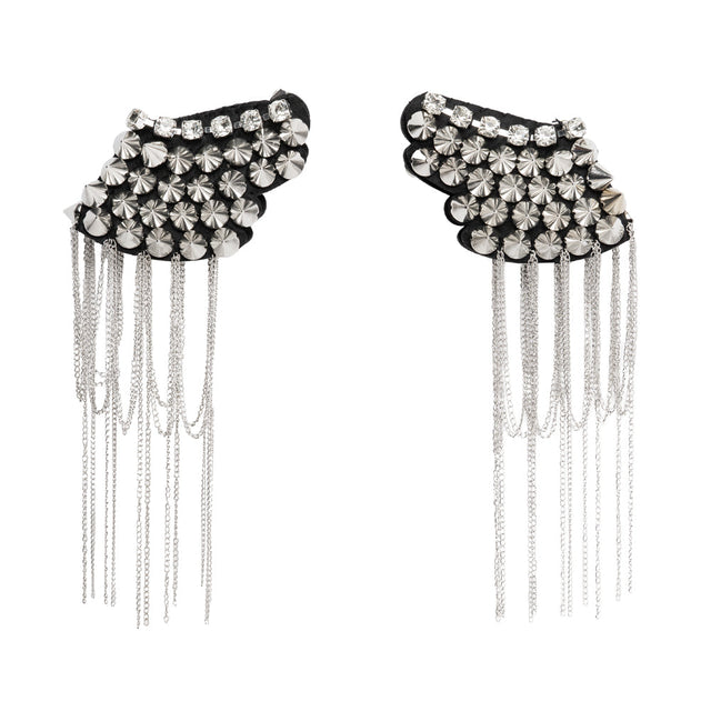 Yaya Han Rhinestones and Spikes Shoulder Epaulettes with Metal Chain Fringe - London Punk Silver and Black, 8.5" x 4.25" - Cosplay Collection