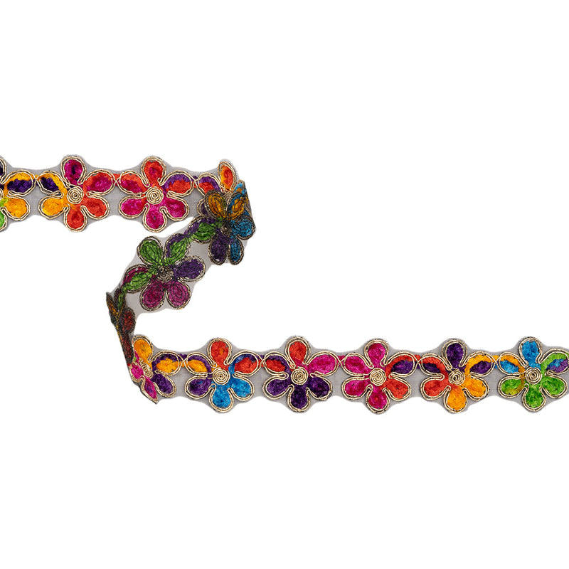Yaya Han Chenille Embroidered Trim - Metallic Gold and Multicolor Flowers, 1.5" - Cosplay Collection