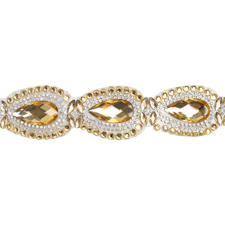 Yaya Han Iron-On Princess Crystal Rhinestone Trim - Gold and Clear Outlined Teardrops, 1.375" - Cosplay Collection