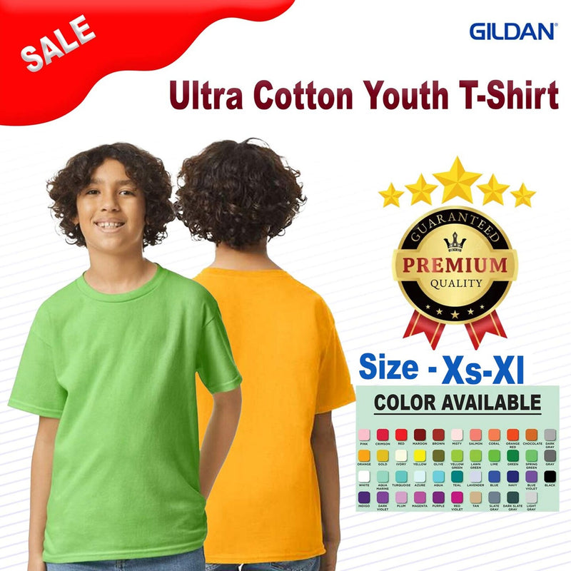 Gildan Ultra Cotton Youth Crewneck Short Sleeve T Shirt | Classic Fit Kids Cotton Tee | Comfortable Youth Everyday Shirt