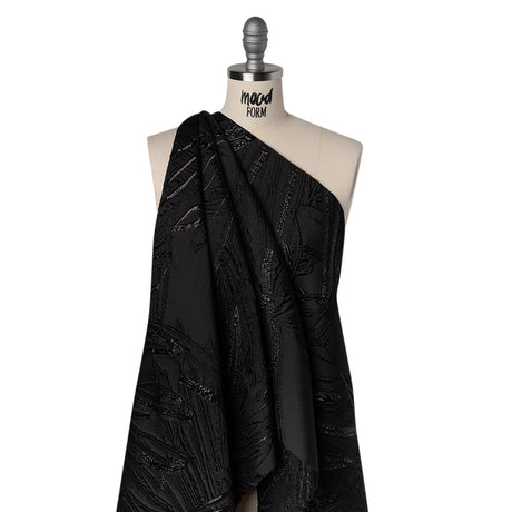 Metallic Polyester and Acetate Brocade - Black on Black Bunches of Leaves