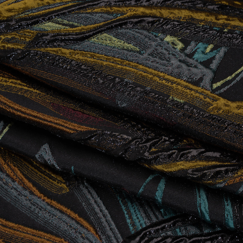 Metallic Polyester and Acetate Brocade - Dusty Teal, Mustard Yellow and Black Bunches of Leaves