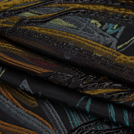 Metallic Polyester and Acetate Brocade - Dusty Teal, Mustard Yellow and Black Bunches of Leaves