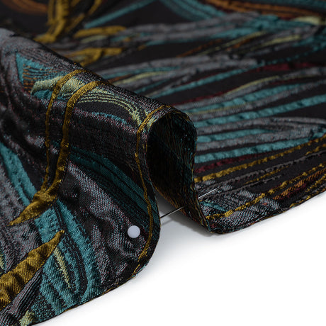 Metallic Polyester and Acetate Brocade - Dusty Teal, Mustard Yellow and Black Bunches of Leaves