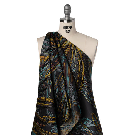 Metallic Polyester and Acetate Brocade - Dusty Teal, Mustard Yellow and Black Bunches of Leaves