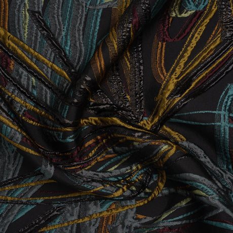 Metallic Polyester and Acetate Brocade - Dusty Teal, Mustard Yellow and Black Bunches of Leaves