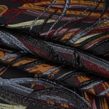 Metallic Polyester and Acetate Brocade - Golden Orange, Dusty Blue and Black Bunches of Leaves