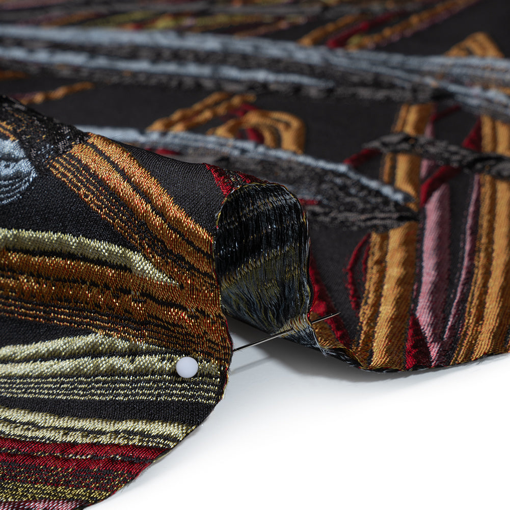 Metallic Polyester and Acetate Brocade - Golden Orange, Dusty Blue and Black Bunches of Leaves