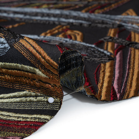 Metallic Polyester and Acetate Brocade - Golden Orange, Dusty Blue and Black Bunches of Leaves