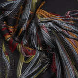 Metallic Polyester and Acetate Brocade - Golden Orange, Dusty Blue and Black Bunches of Leaves