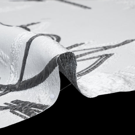 Metallic Polyester and Acetate Brocade - Silver, Charcoal and White Abstracted Flower Outlines