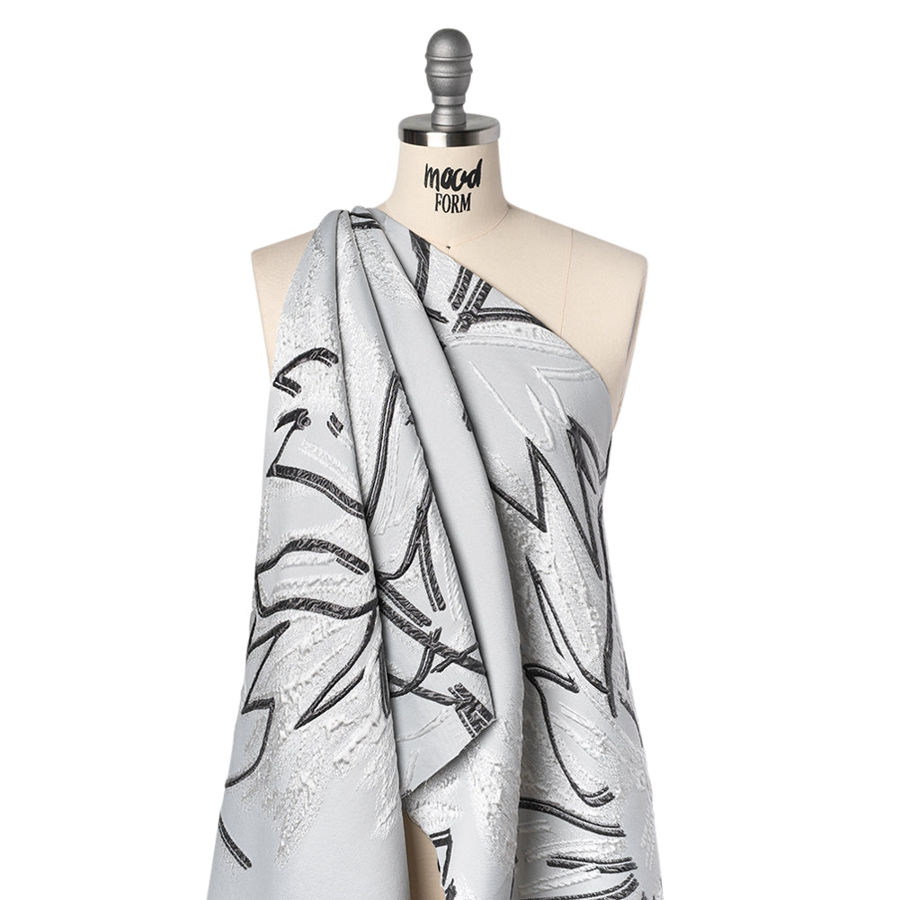 Metallic Polyester and Acetate Brocade - Silver, Charcoal and White Abstracted Flower Outlines
