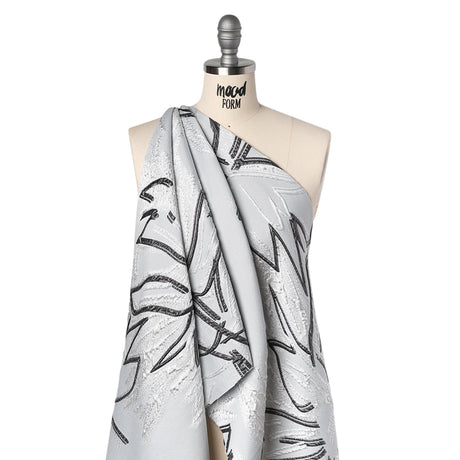 Metallic Polyester and Acetate Brocade - Silver, Charcoal and White Abstracted Flower Outlines