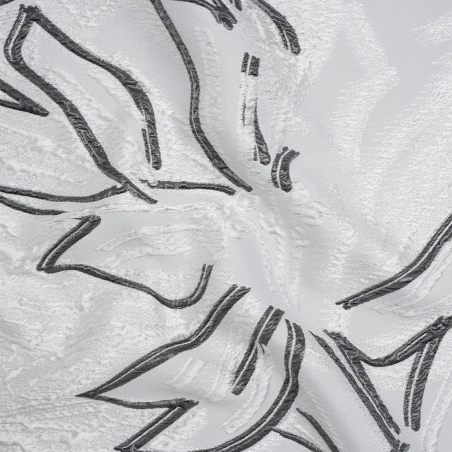 Metallic Polyester and Acetate Brocade - Silver, Charcoal and White Abstracted Flower Outlines