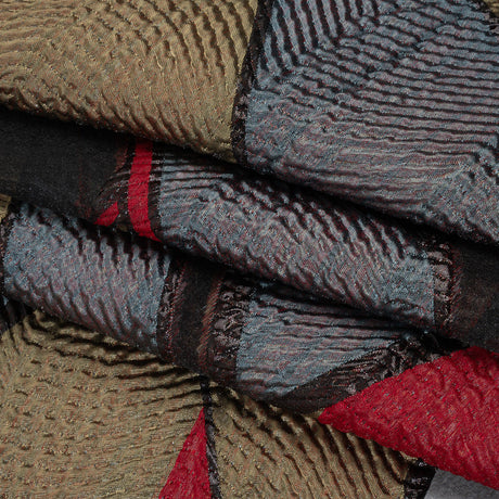 Metallic Rayon and Polyester Burnout Brocade - Tan, Red and Dusty Blue Soft Geometric Abstract