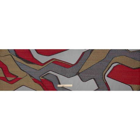 Metallic Rayon and Polyester Burnout Brocade - Tan, Red and Dusty Blue Soft Geometric Abstract