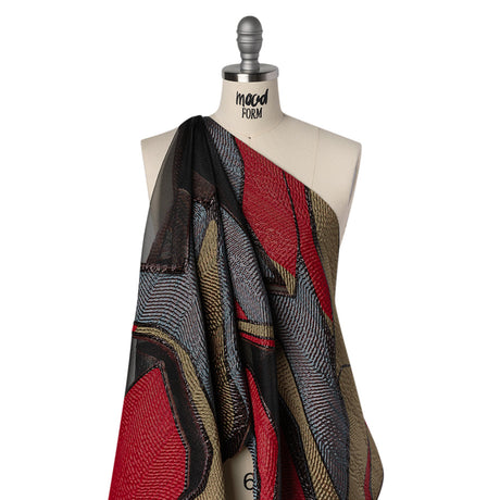 Metallic Rayon and Polyester Burnout Brocade - Tan, Red and Dusty Blue Soft Geometric Abstract