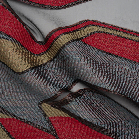 Metallic Rayon and Polyester Burnout Brocade - Tan, Red and Dusty Blue Soft Geometric Abstract