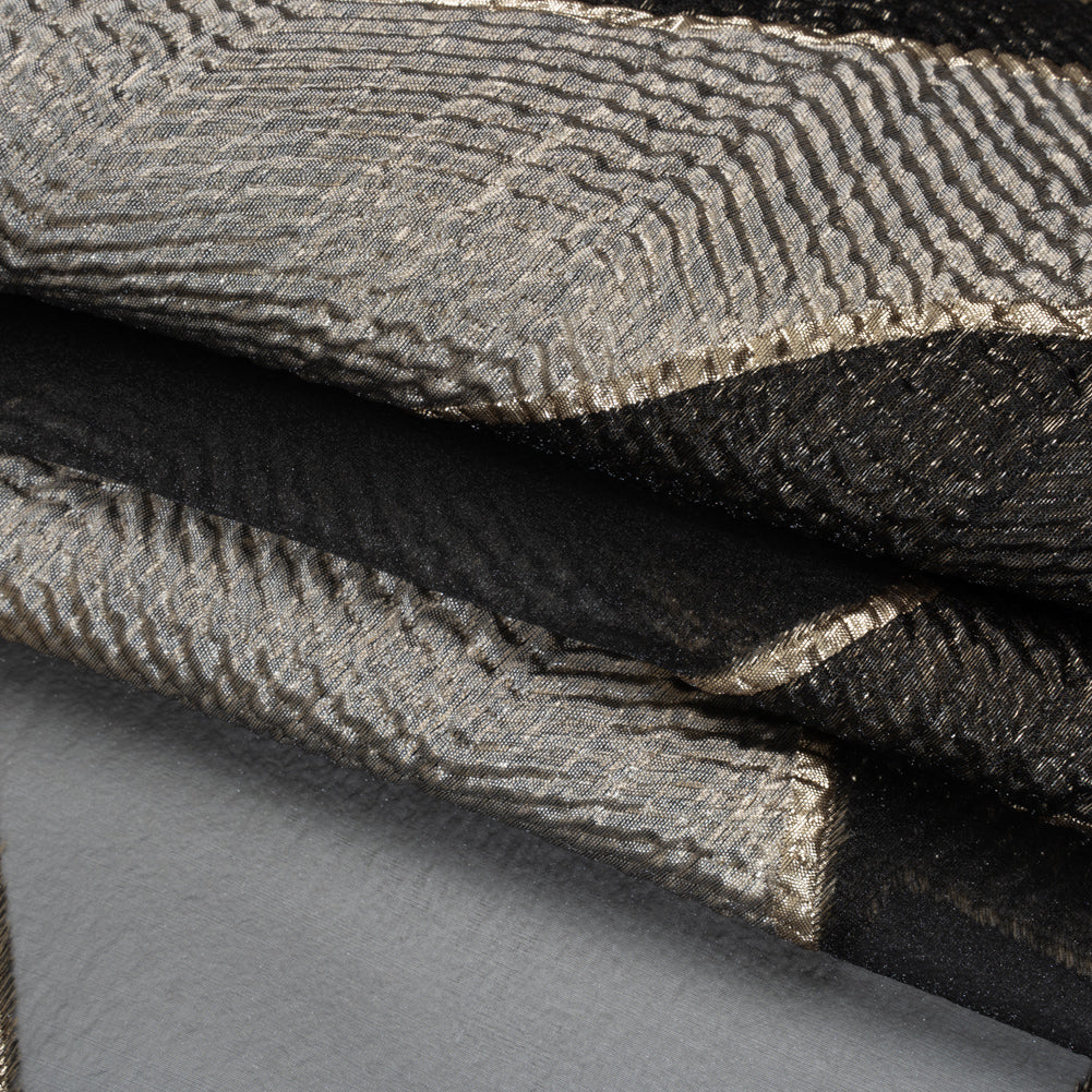 Metallic Rayon and Polyester Burnout Brocade - Gold, Gray and Black Soft Geometric Abstract