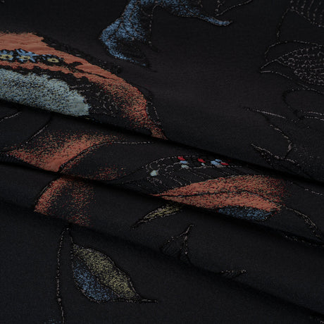 Metallic Rayon and Polyester Brocade Panel - Black, Orange and Blue Flower Bunches