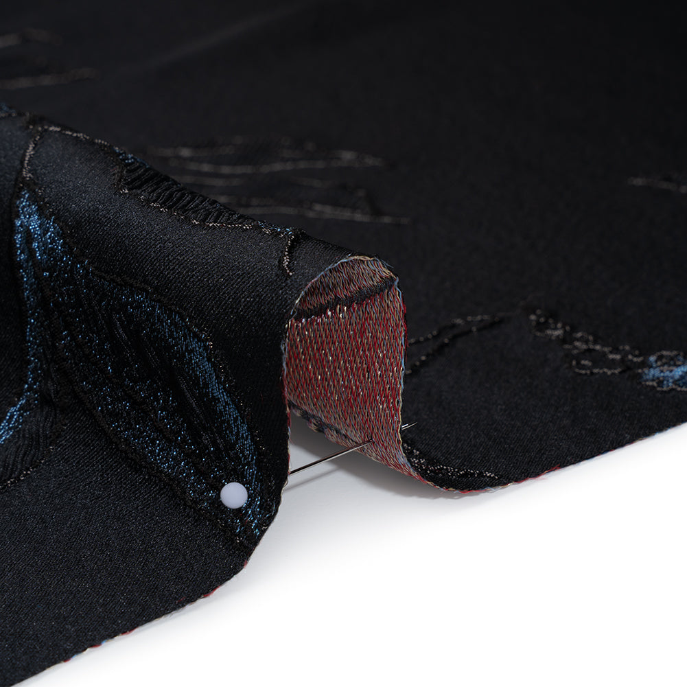 Metallic Rayon and Polyester Brocade Panel - Black, Orange and Blue Flower Bunches