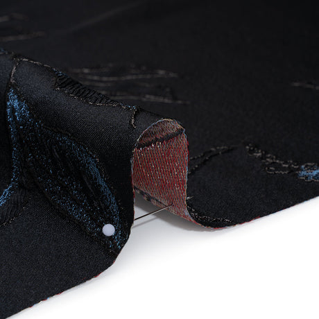 Metallic Rayon and Polyester Brocade Panel - Black, Orange and Blue Flower Bunches