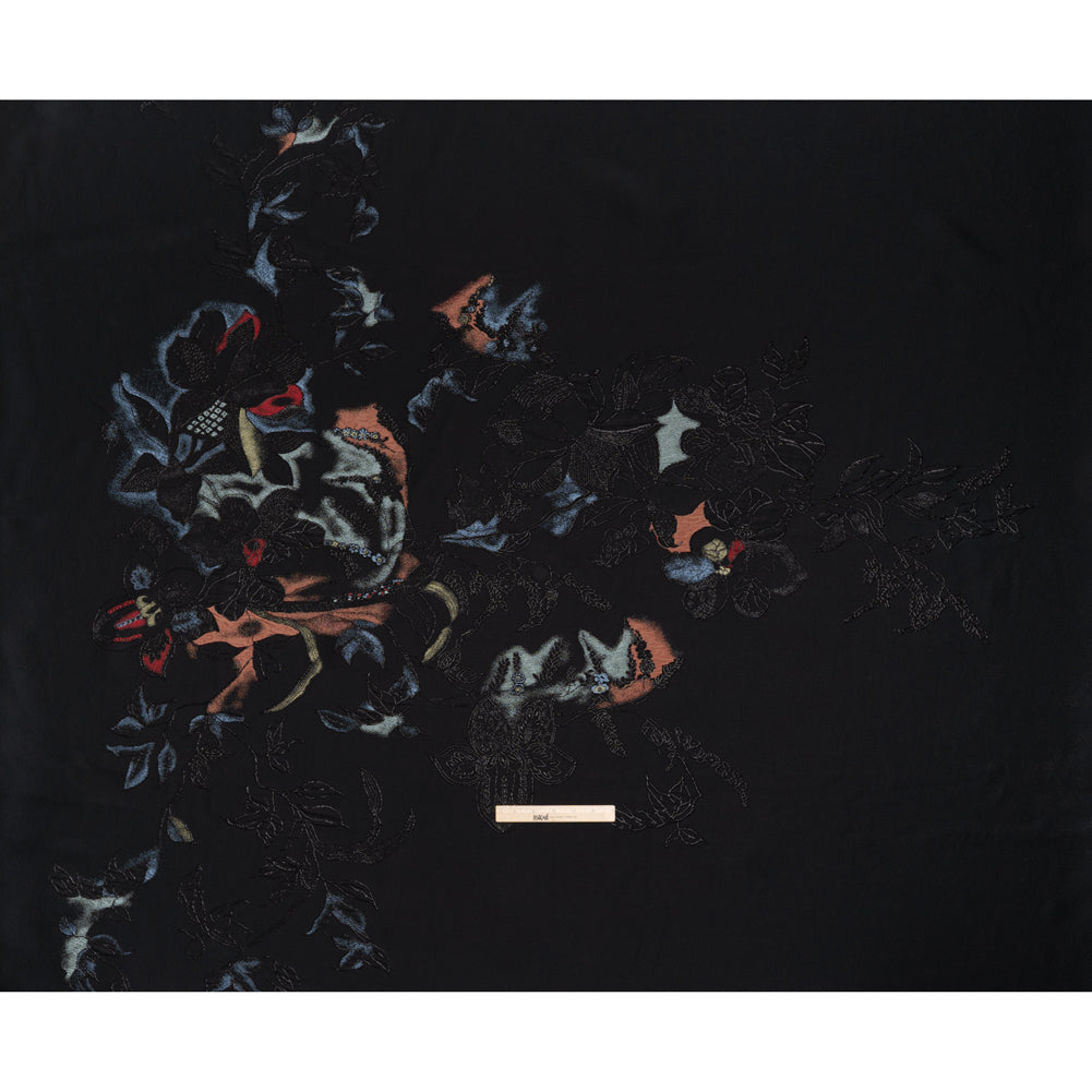 Metallic Rayon and Polyester Brocade Panel - Black, Orange and Blue Flower Bunches