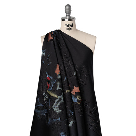 Metallic Rayon and Polyester Brocade Panel - Black, Orange and Blue Flower Bunches
