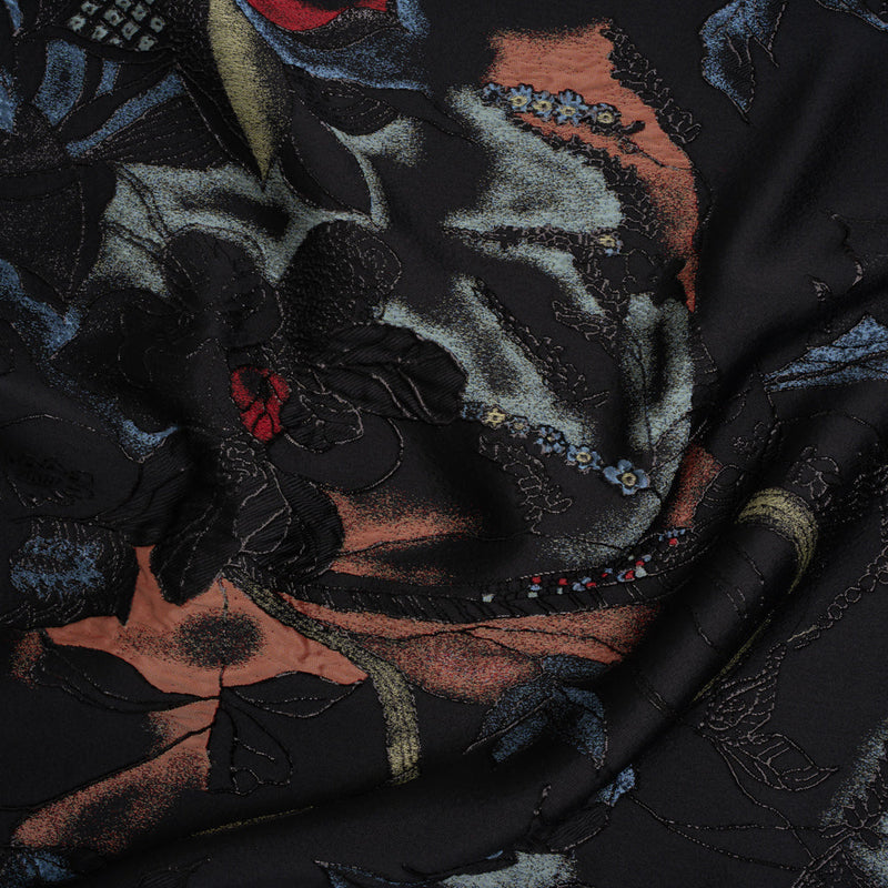 Metallic Rayon and Polyester Brocade Panel - Black, Orange and Blue Flower Bunches