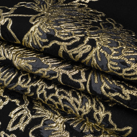 Metallic Polyester Blend Brocade - Black, Charcoal and Gold Fancy Flowers