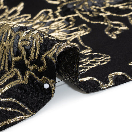Metallic Polyester Blend Brocade - Black, Charcoal and Gold Fancy Flowers